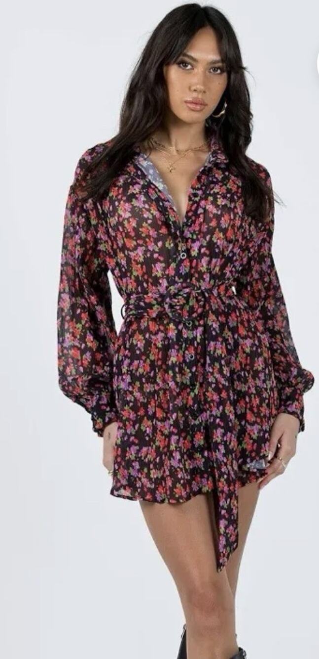 Princess Polly Edena Black Floral Collared Pleated Shirt Dress Size 6